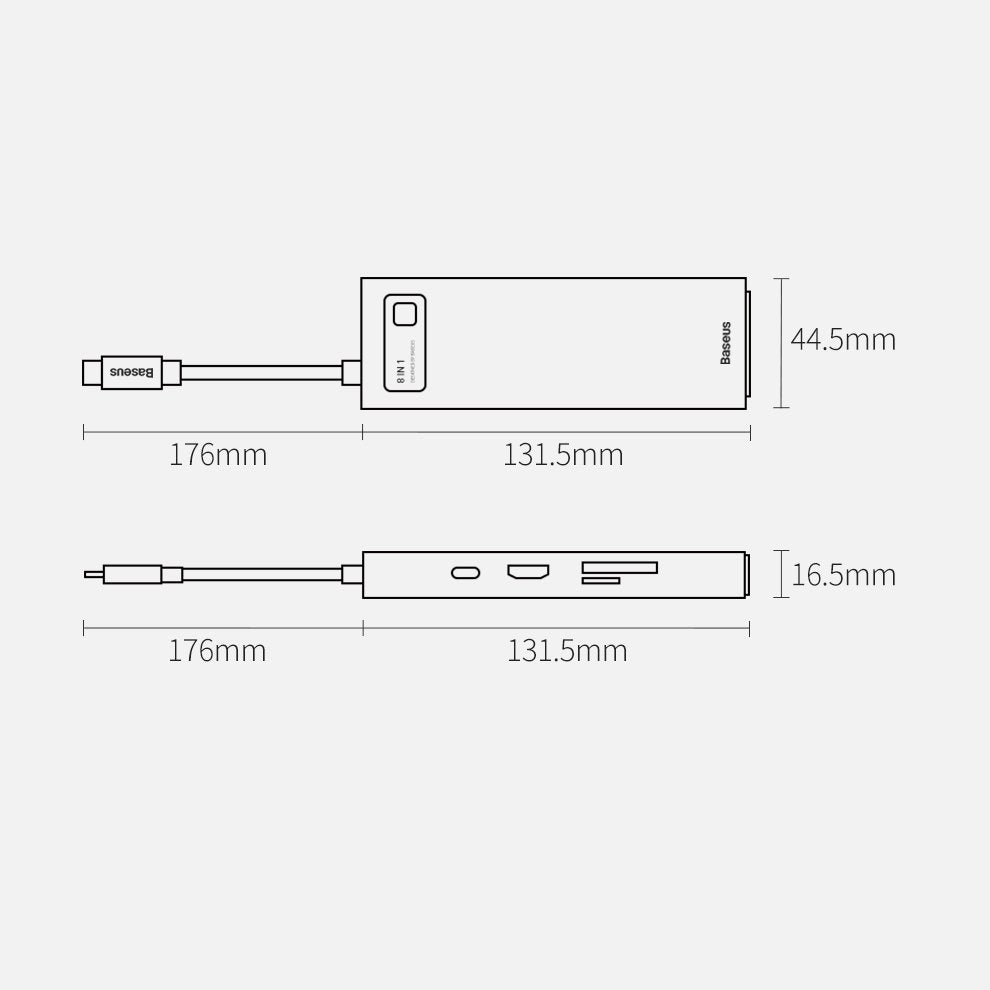 Baseus Metal Gleam 8in1 USB-C Hub - USB-C PD 100W 1x HDMI 4K 30Hz 1x SD and microSD card reader 3x USB-A 3.2 1xRJ45 - gray