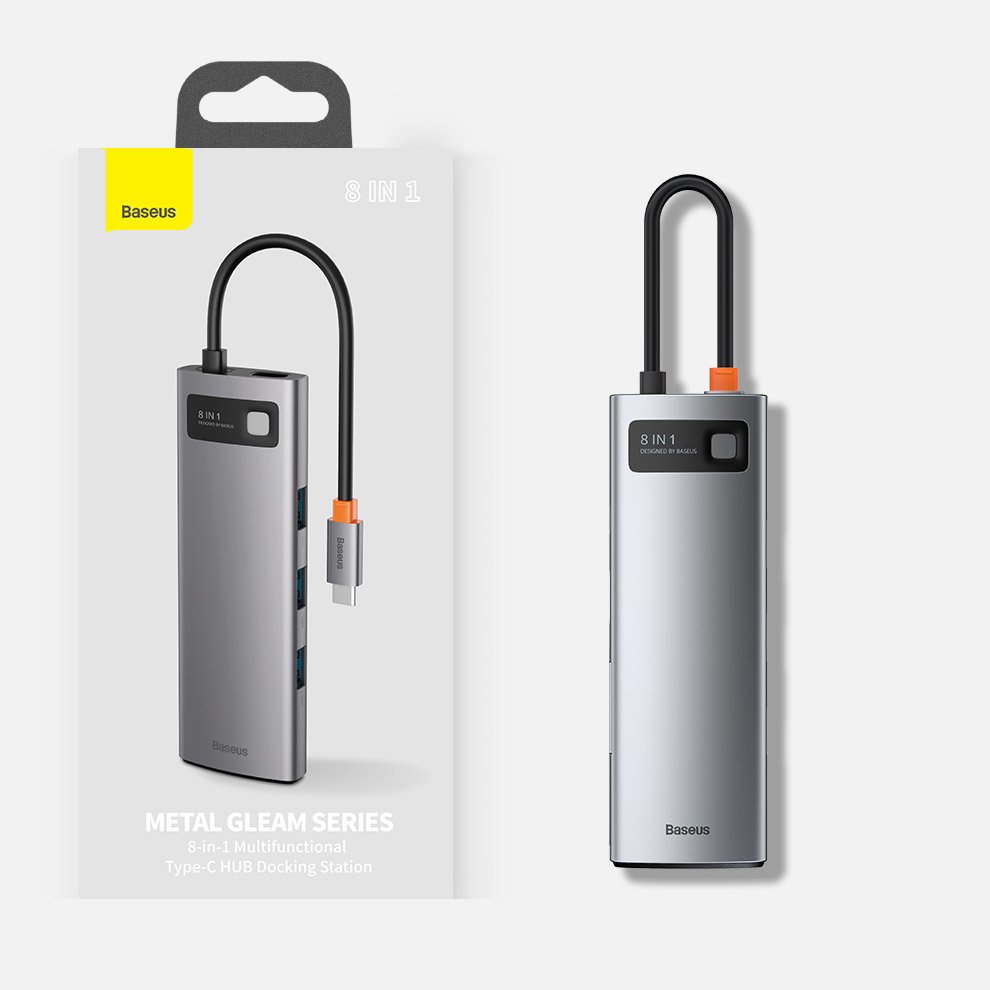 Baseus Metal Gleam 8in1 USB-C - USB-C PD 100W HUB 1x HDMI 4K 30Hz 1x SD og microSD kortlæser 3x USB-A 3.2 1xRJ45 - grå