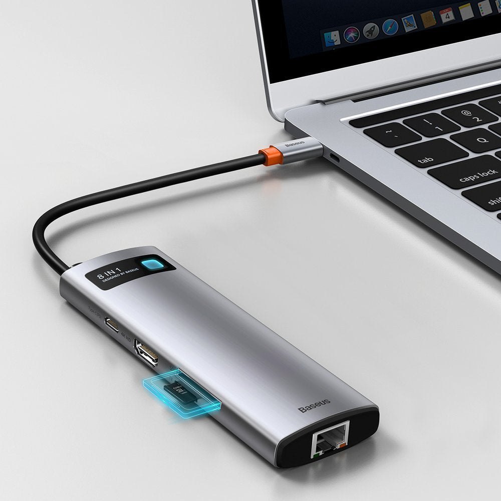 Baseus Metal Gleam 8in1 USB-C - USB-C PD 100W HUB 1x HDMI 4K 30Hz 1x SD og microSD kortlæser 3x USB-A 3.2 1xRJ45 - grå