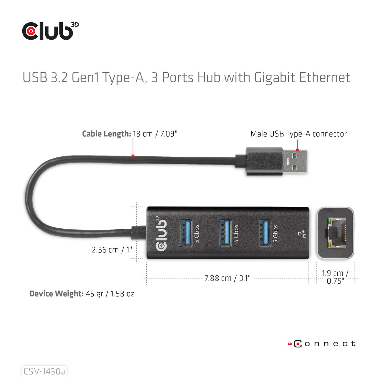 Club 3D CSV-1430A 4-in-1 USB-A Gen 1 Hub Sort