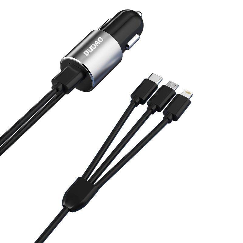 Dudao 3in1 USB Car Charger 3.4A Built-in Lightning / USB Type C / Micro USB Cable Black (R5ProN Black)
