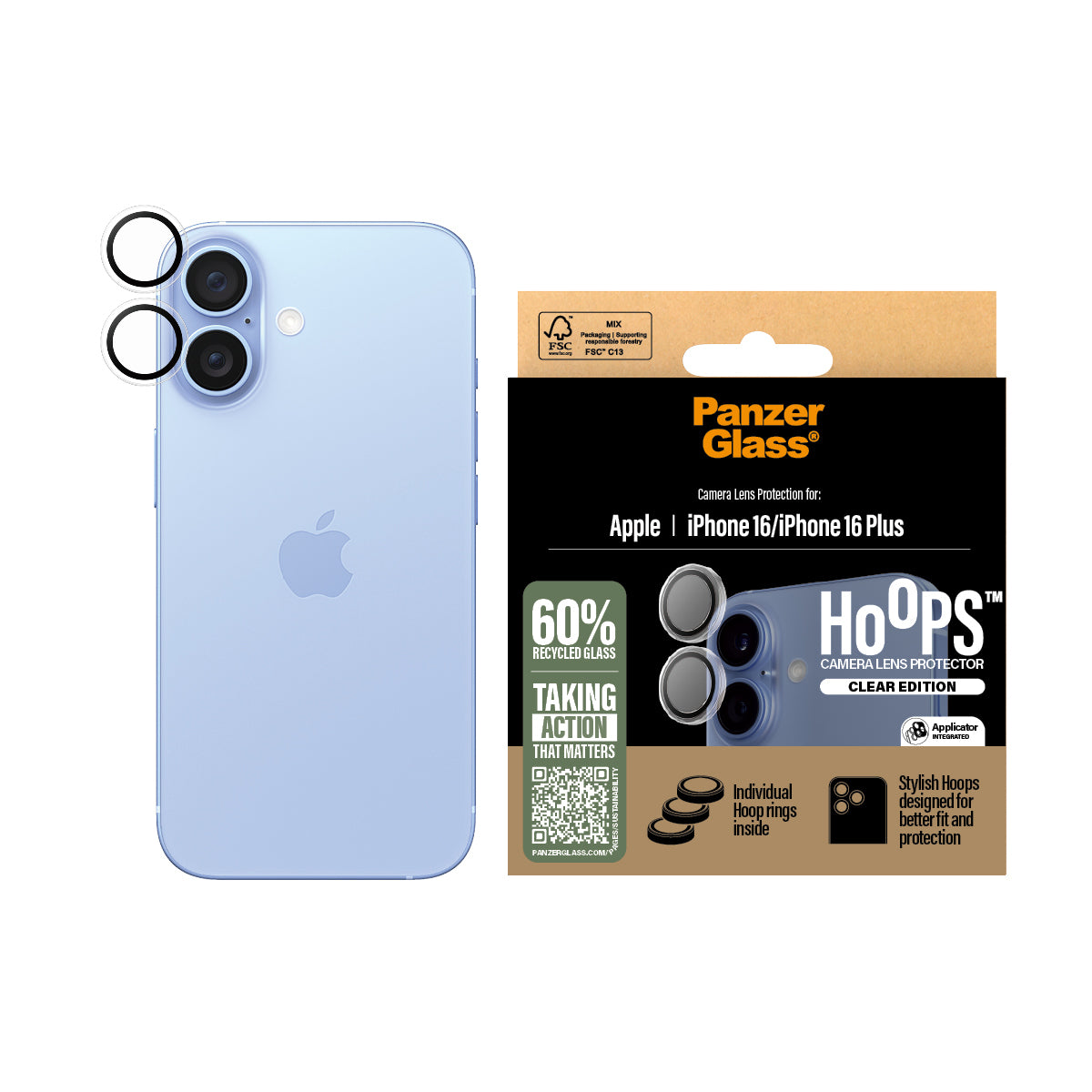 PanzerGlass ® Hoops® Transparent Kameralinsebeskytter iPhone 16 | 16 Plus