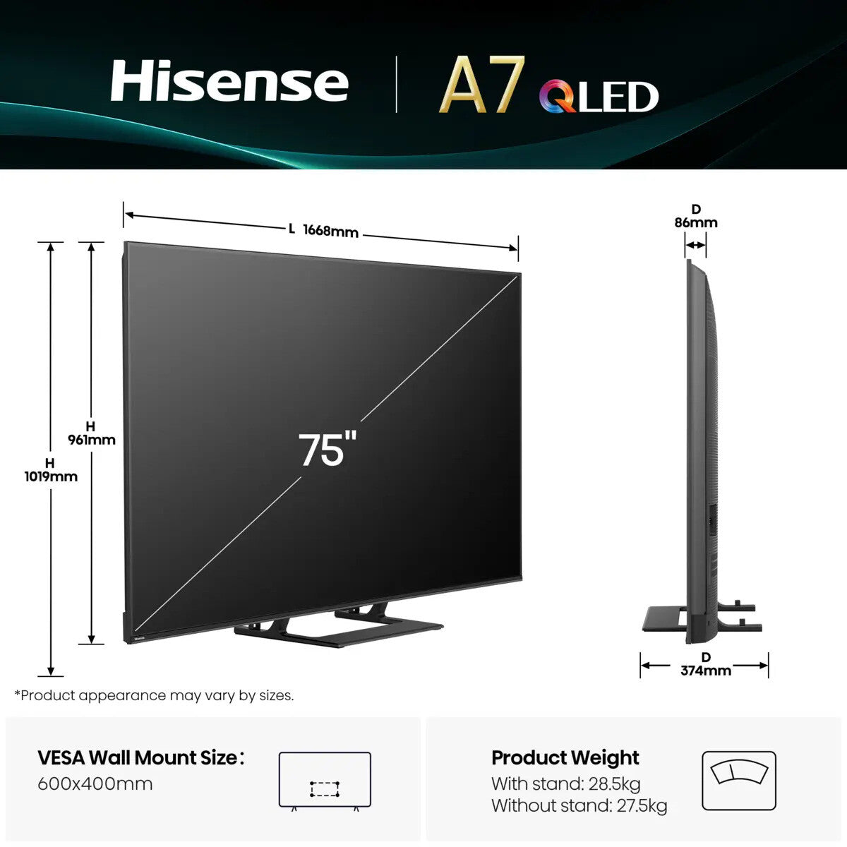 Hisense A7Q 75A7Q 190.5 cm (75") 4K Ultra HD Smart TV Wi-Fi Black