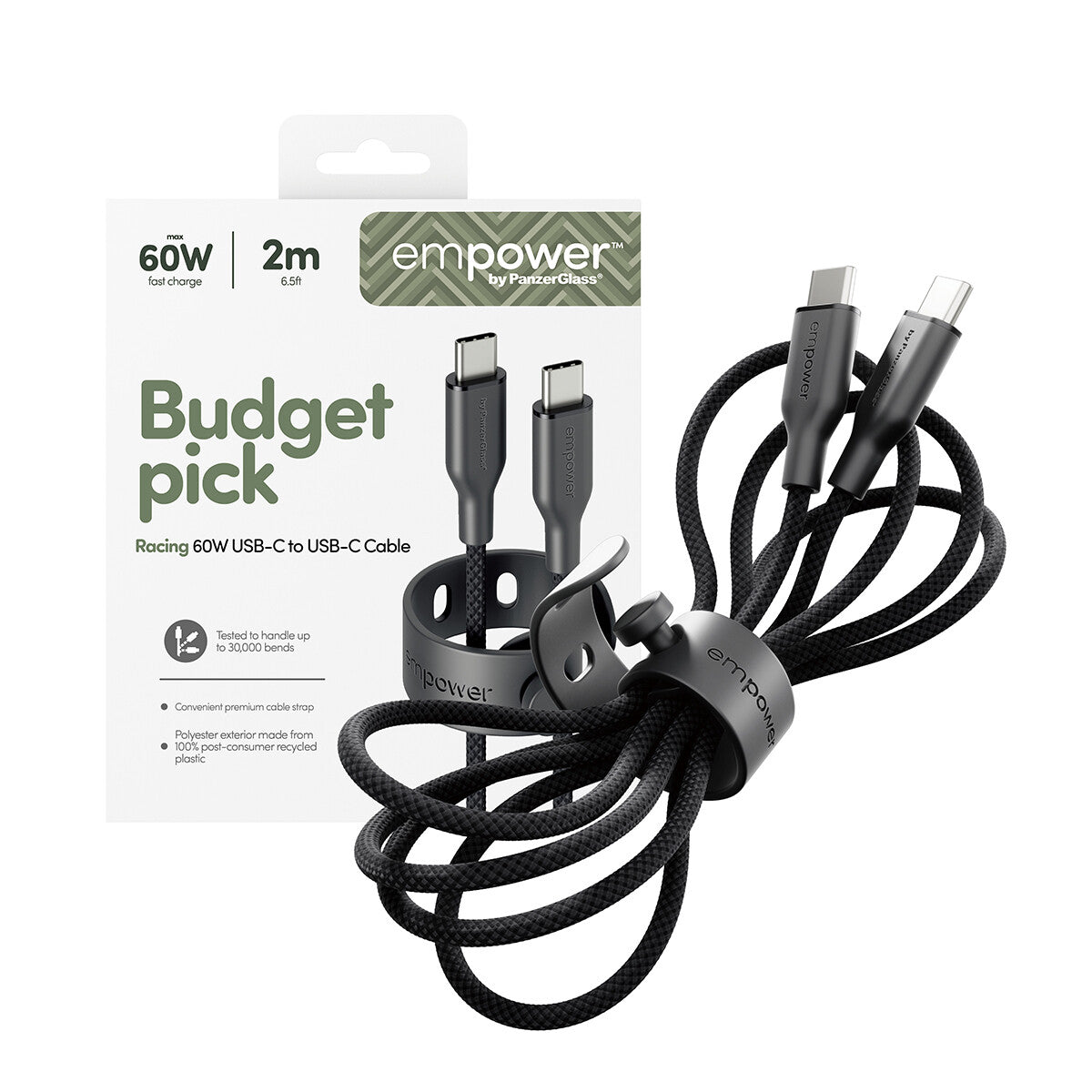 PanzerGlass empower™ by ® Racing 60W USB-C to USB-C Kabel | USB 2.0 | 2M | Space Black