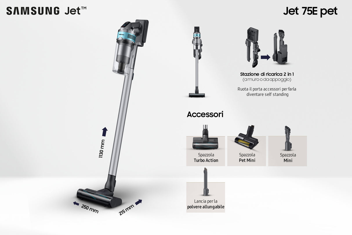 Samsung Jet 75E Pet VS20B75AGR1 Støvsuger Pind/håndholdt 200W 0.8liter Black ChroMetal/teal mint