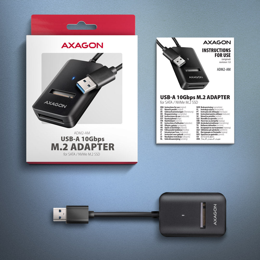 Axagon ADM2-AM USB-A 10Gbps - M.2 NVMe & SATA SSD adaptér, kabelis USB-A 10cm SSD kabinet Sort