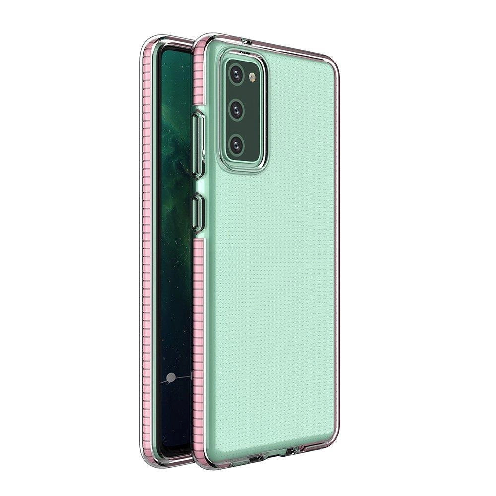 Spring Case klar TPU gel beskyttende cover med farverig ramme til Samsung Galaxy A02s EU lyserød