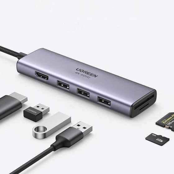 Ugreen multifunktionelle HUB USB Type C - 3x USB 3.2 Gen 1 / HDMI 4K 60Hz / SD og TF-kortlæser grå (60383 CM511)