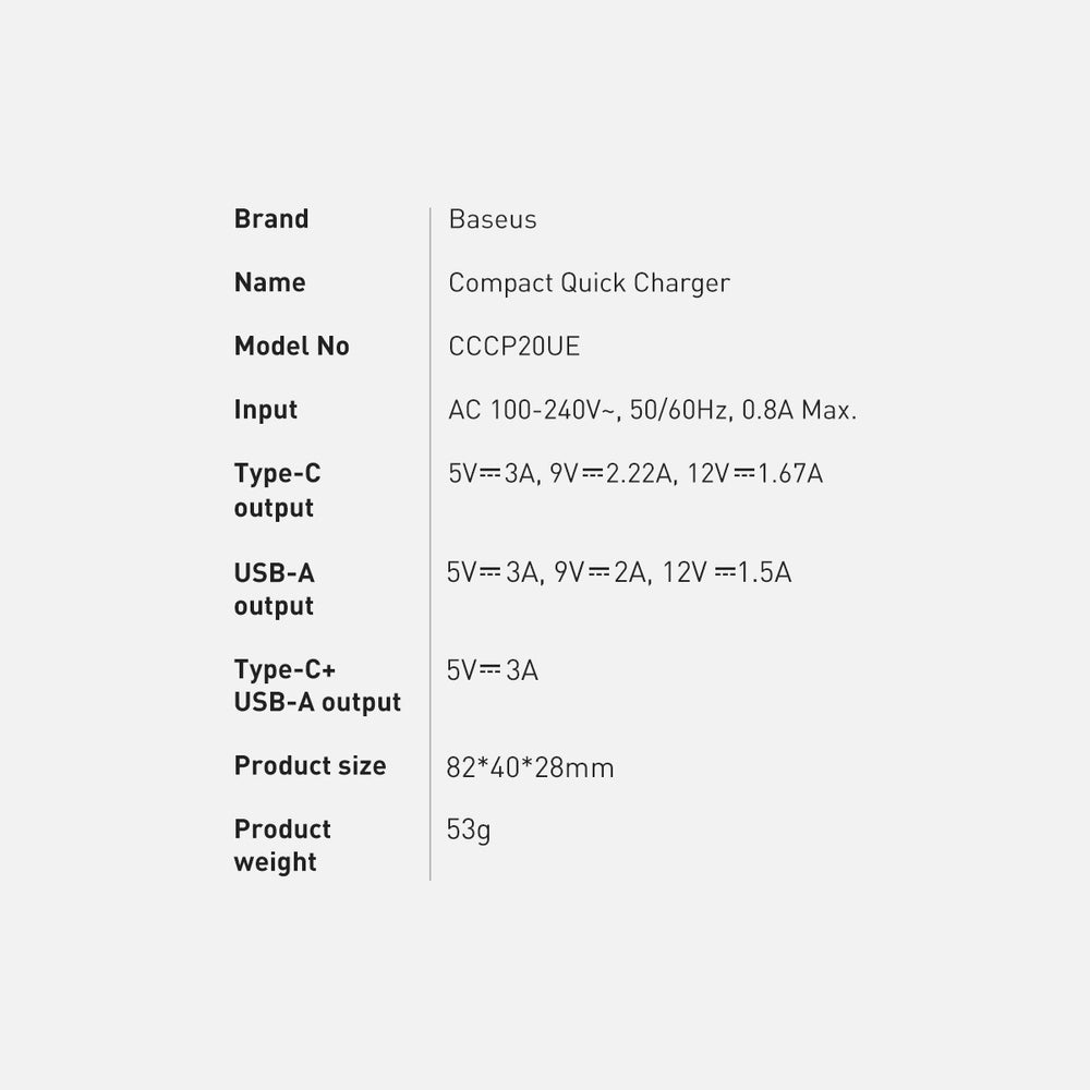Baseus Compact fast charger USB / USB Type C 20W 3A Power Delivery Quick Charge 3.0 black (CCXJ-B01)