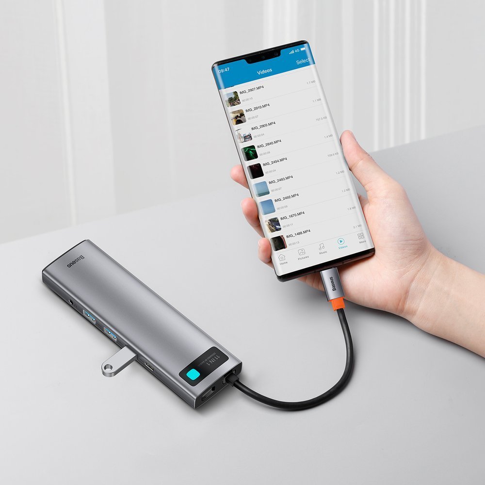 Baseus Metal Gleam 11in1 multifunctional USB Type C HUB - 3x USB 3.2 Gen 1 5Gbps / USB Type C PD 100W / 3.5 mm mini jack AUX / VGA Full HD 60Hz / 2x HDMI 4K 30Hz / TF and SD card reader / RJ45 1Gbps gray (CAHUB-CT0G)