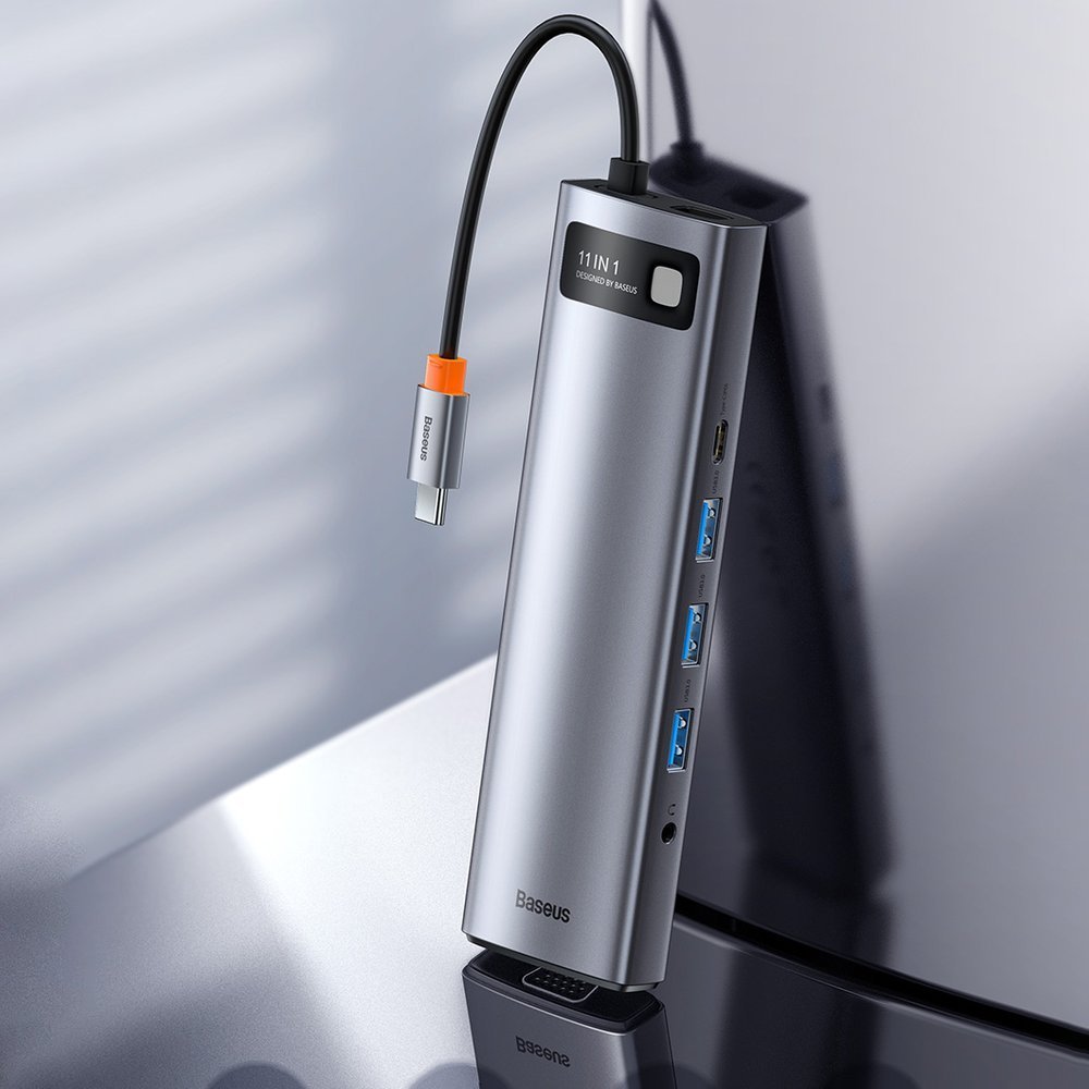 Baseus Metal Gleam 11in1 multifunctional USB Type C HUB - 3x USB 3.2 Gen 1 5Gbps / USB Type C PD 100W / 3.5 mm mini jack AUX / VGA Full HD 60Hz / 2x HDMI 4K 30Hz / TF and SD card reader / RJ45 1Gbps gray (CAHUB-CT0G)