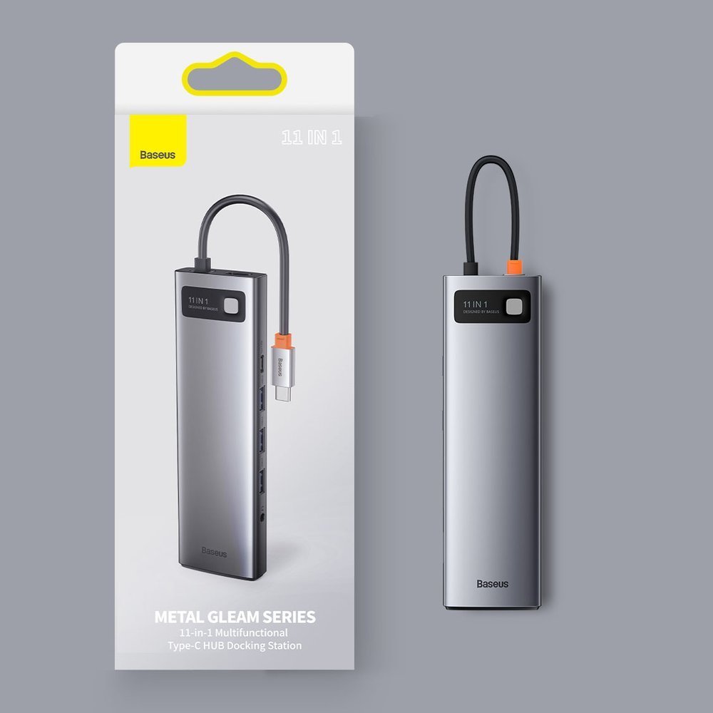Baseus Metal Gleam 11in1 multifunctional USB Type C HUB - 3x USB 3.2 Gen 1 5Gbps / USB Type C PD 100W / 3.5 mm mini jack AUX / VGA Full HD 60Hz / 2x HDMI 4K 30Hz / TF and SD card reader / RJ45 1Gbps gray (CAHUB-CT0G)
