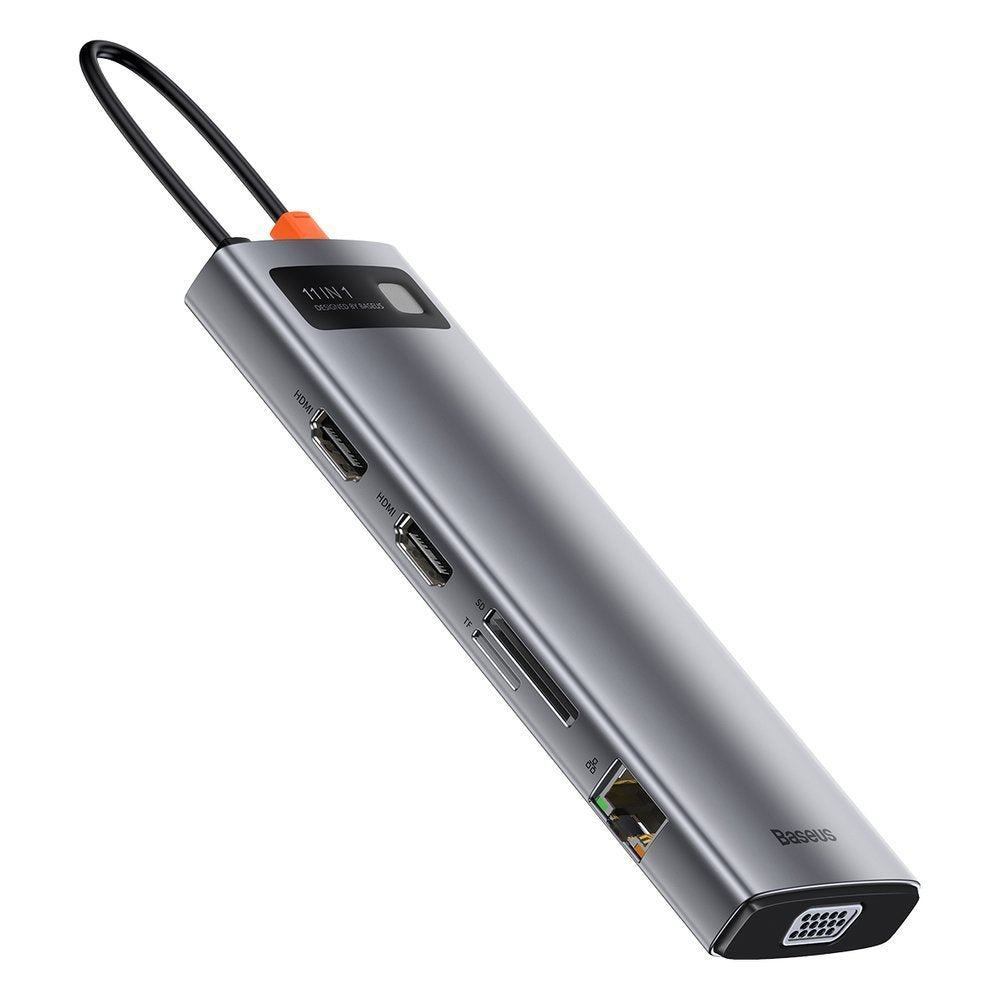 Baseus Metal Gleam 11in1 multifunctional USB Type C HUB - 3x USB 3.2 Gen 1 5Gbps / USB Type C PD 100W / 3.5 mm mini jack AUX / VGA Full HD 60Hz / 2x HDMI 4K 30Hz / TF and SD card reader / RJ45 1Gbps gray (CAHUB-CT0G)