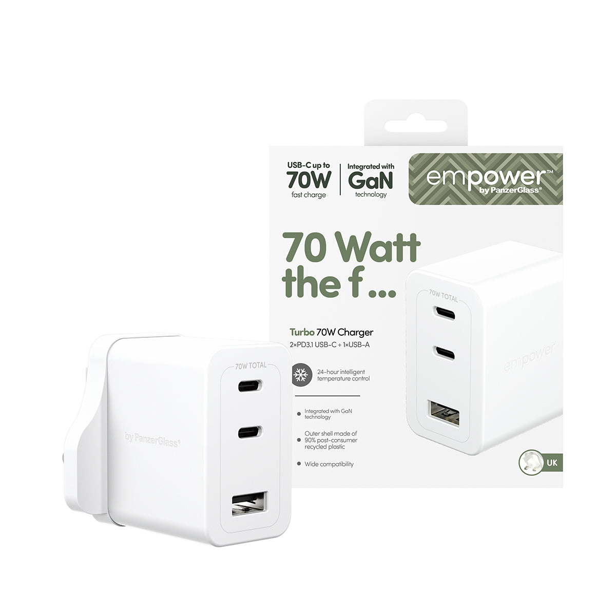 PanzerGlass empower by ® Turbo 70W Multiple Oplader inkl. 2 x USB-C + USB-A | UK Stik | Silver White