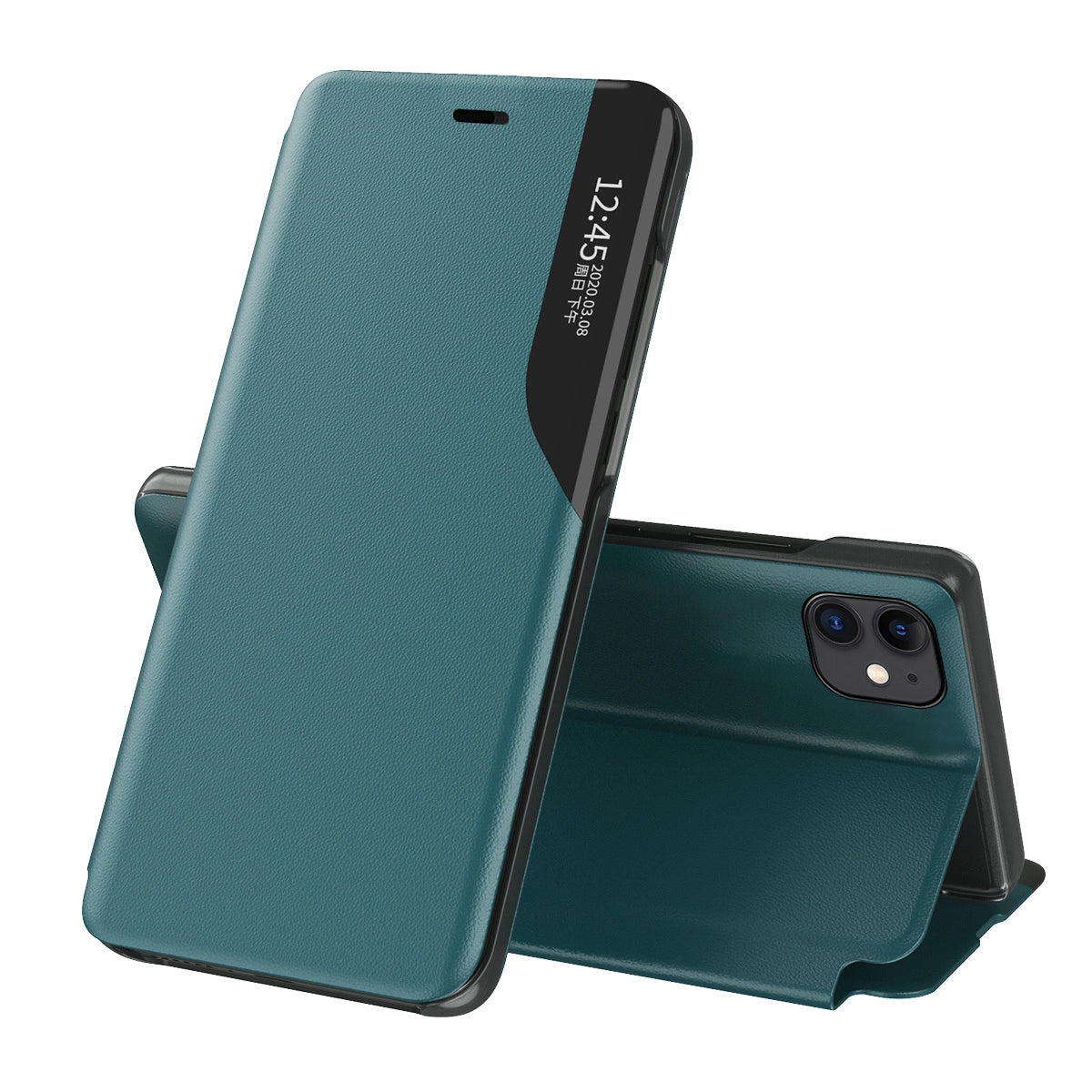 Eco Leather View Case elegant bogreol type sag med kickstand til iPhone 13 Pro Max grøn