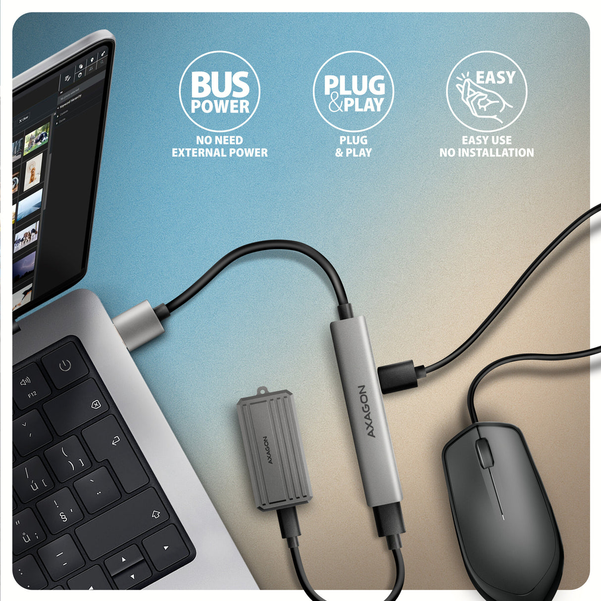 Axagon HUB USB HUE-STA, 4x USB ALU STRIP hub, 1x USB-A 5Gbps, 2x USB-A & 1x USB-C 480Mbps, kabel USB-A 12cm USB 3.2 Gen 1 (3.1 Gen 1) Type-A 5 Mbit/s Grå