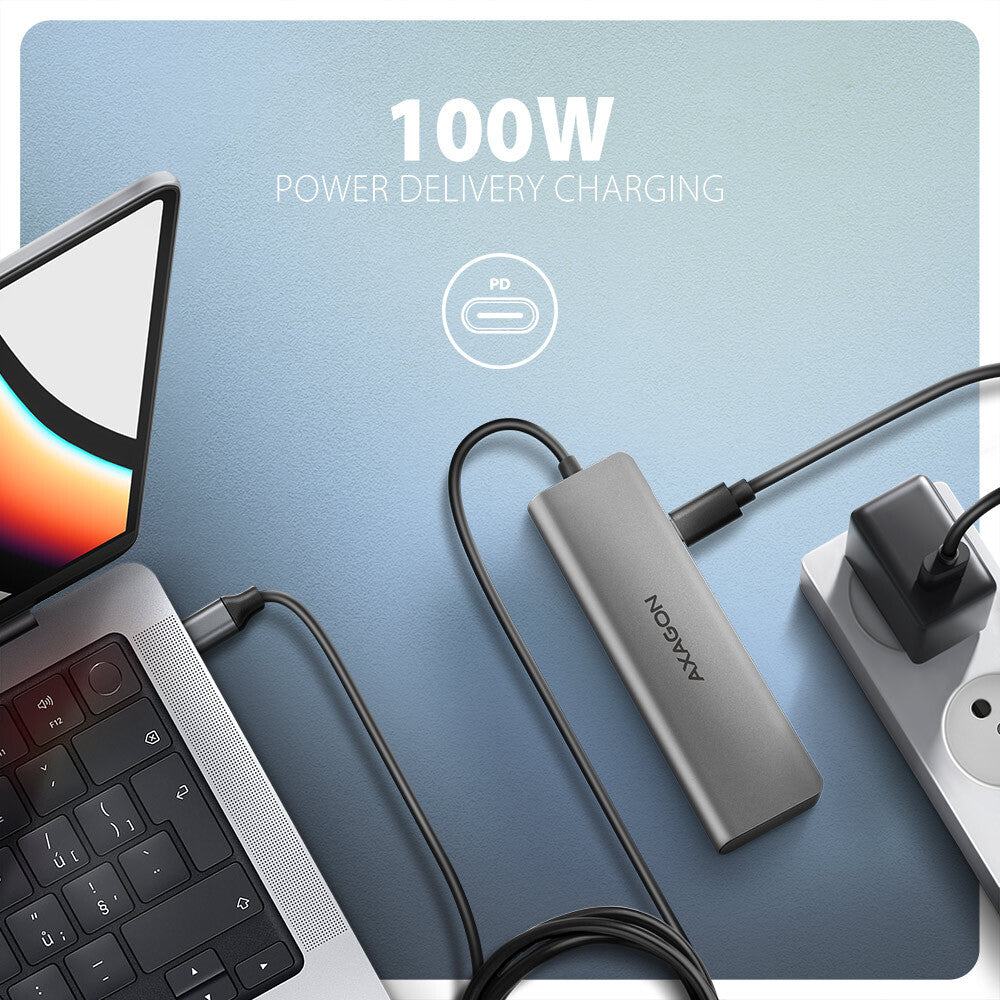 Axagon HMC-5H USB-C 3.2 Gen 1 hub 3x USB-A 4K HDMI PD 100W - Silber Ledningsført USB 3.2 Gen 1 (3.1 Gen 1) Type-C Sølv