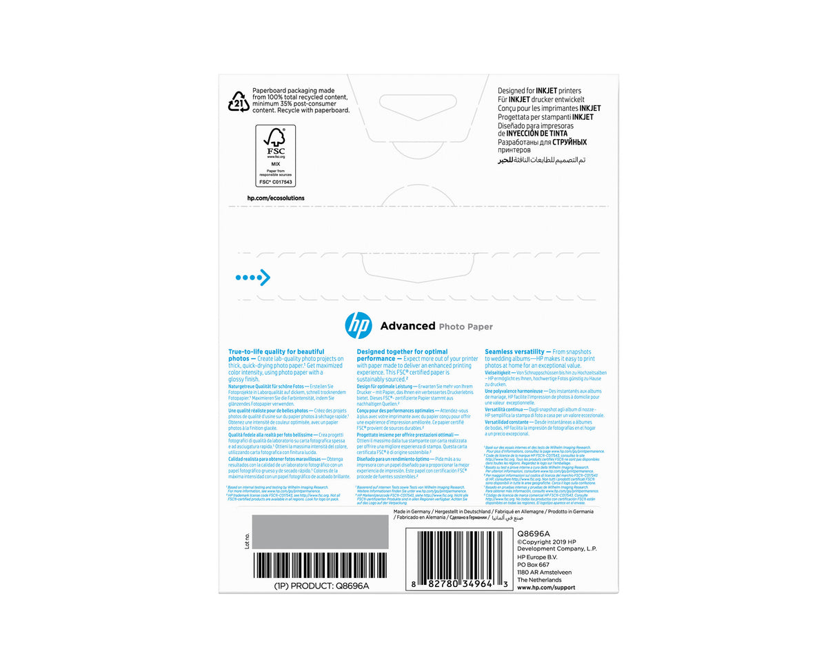HP Advanced-fotopapir, blankt, 250 g/m2, 13 x 18 cm (127 x 178 mm), 25 ark