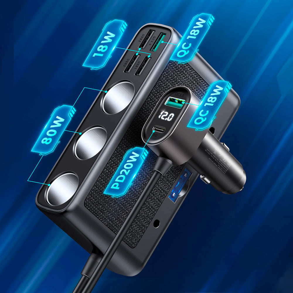 Joyroom JR-CL06 9in1 car charger 154W 5x USB-A / USB-C / 3x cigarette lighter socket PD QC PPS - black