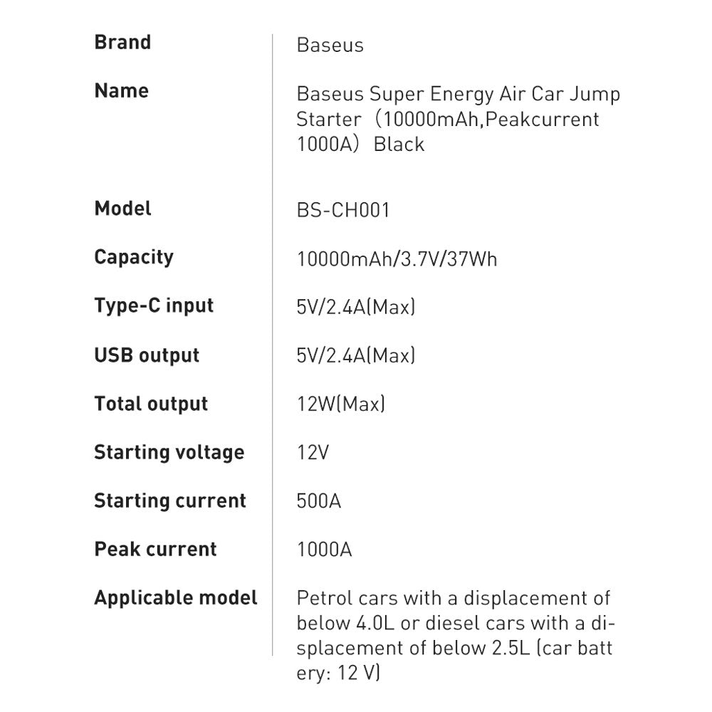 Baseus Power Bank Power Starter Jump Starter Booster 10000mAh 12V (1000A / 500A) + Crocodile Cables Black (CGNL020101)