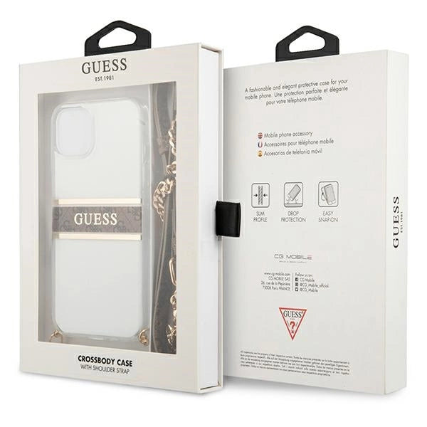 Guess GUHCP13SKC4GBGO iPhone 13 mini 5.4" Transparent hardcase 4G Brown Strap Gold Chain