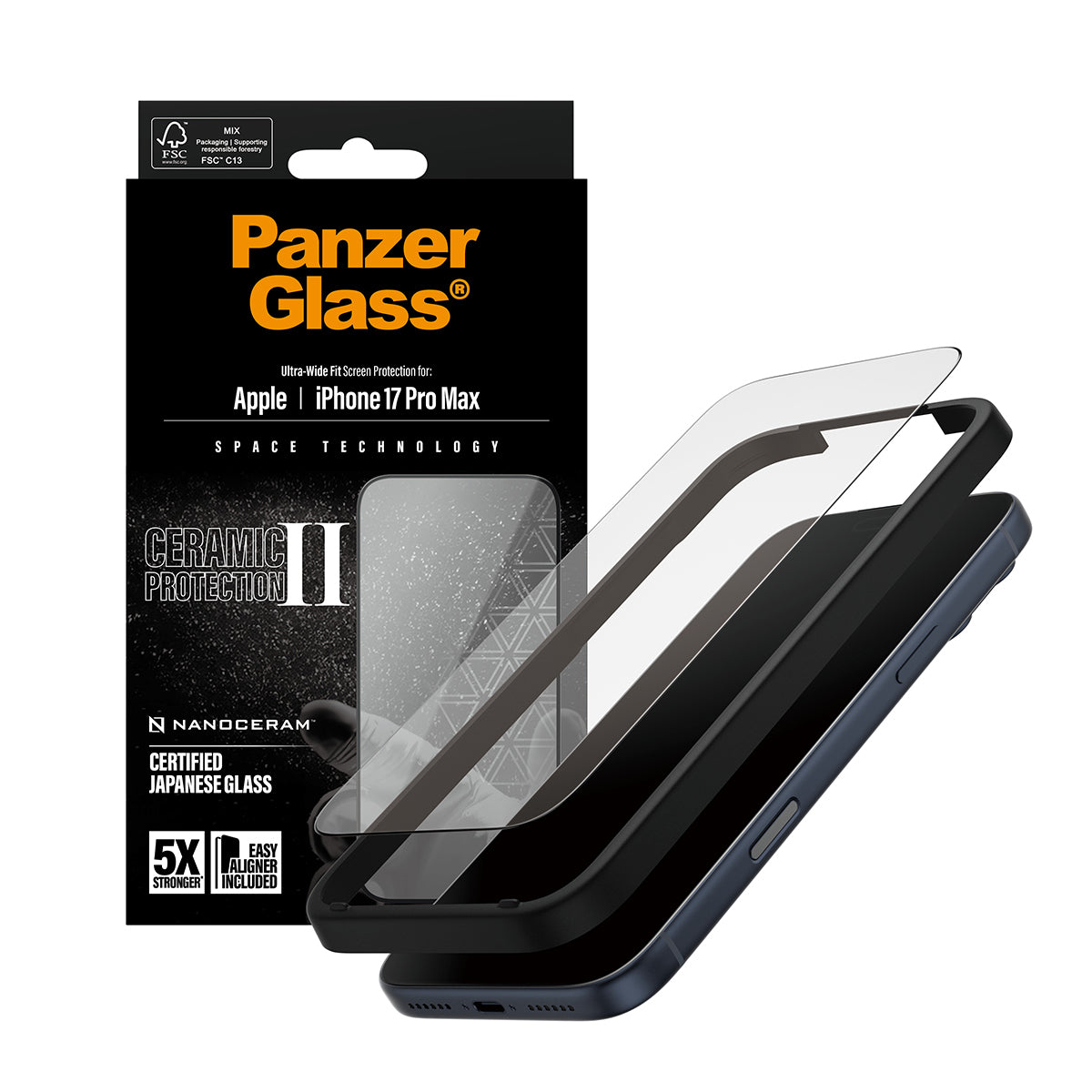 PanzerGlass ® Ceramic II Skærmbeskyttelse iPhone 17 Pro Max | Ultra-Wide Fit m. EasyAligner