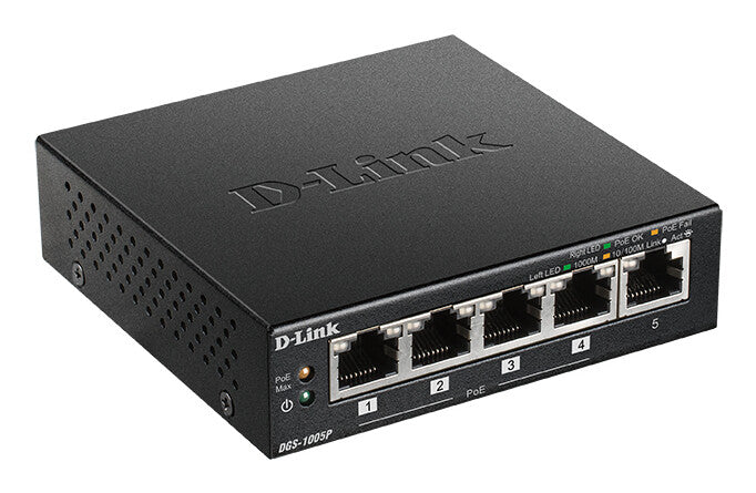 D-Link DGS-1005P/E netværksswitch Ikke administreret Gigabit Ethernet (10/100/1000) Strøm over Ethernet (PoE) Sort