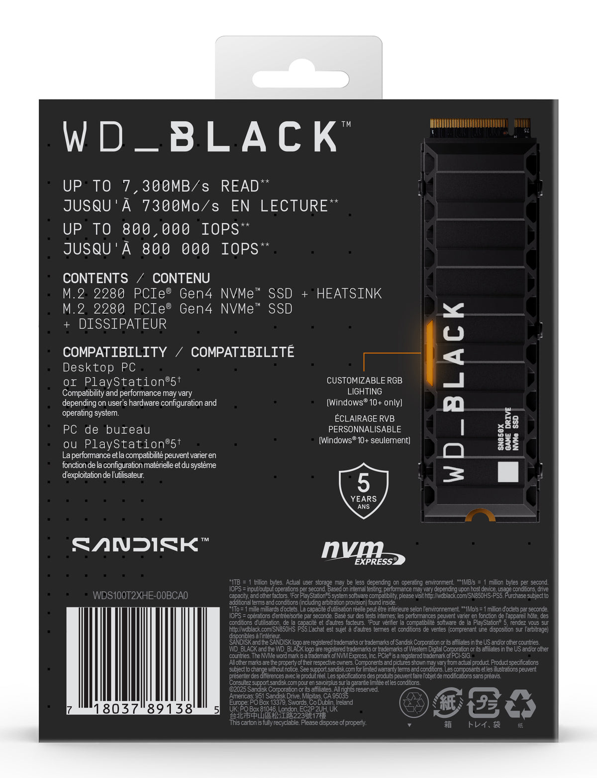 WD_BLACK SN850X NVMe SSD SSD WDS100T2XHE 1TB M.2 PCI Express 4.0 x4 (NVMe)