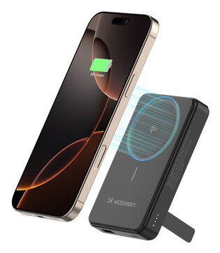 Powerbank Wozinsky WLWP-10KA0Y3S 22.5W PD Qi2 10000 mAh, med stander, 1x USB-A, 1x USB-C - sort
