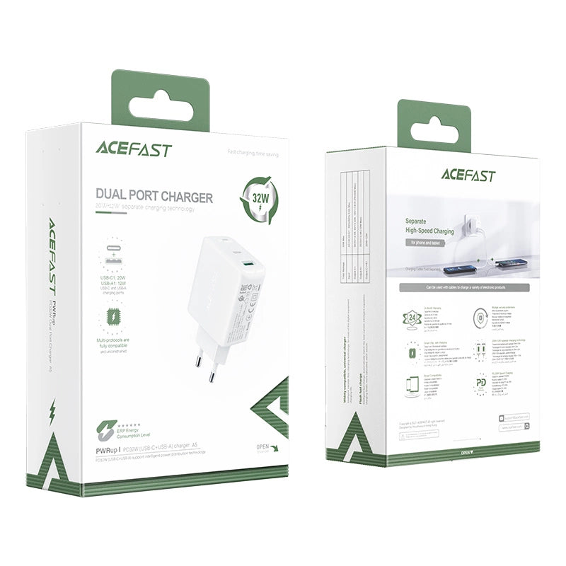 Acefast vægoplader USB Type C / USB 32W, PPS, PD, QC 3.0, AFC, FCP hvid (A5 hvid)