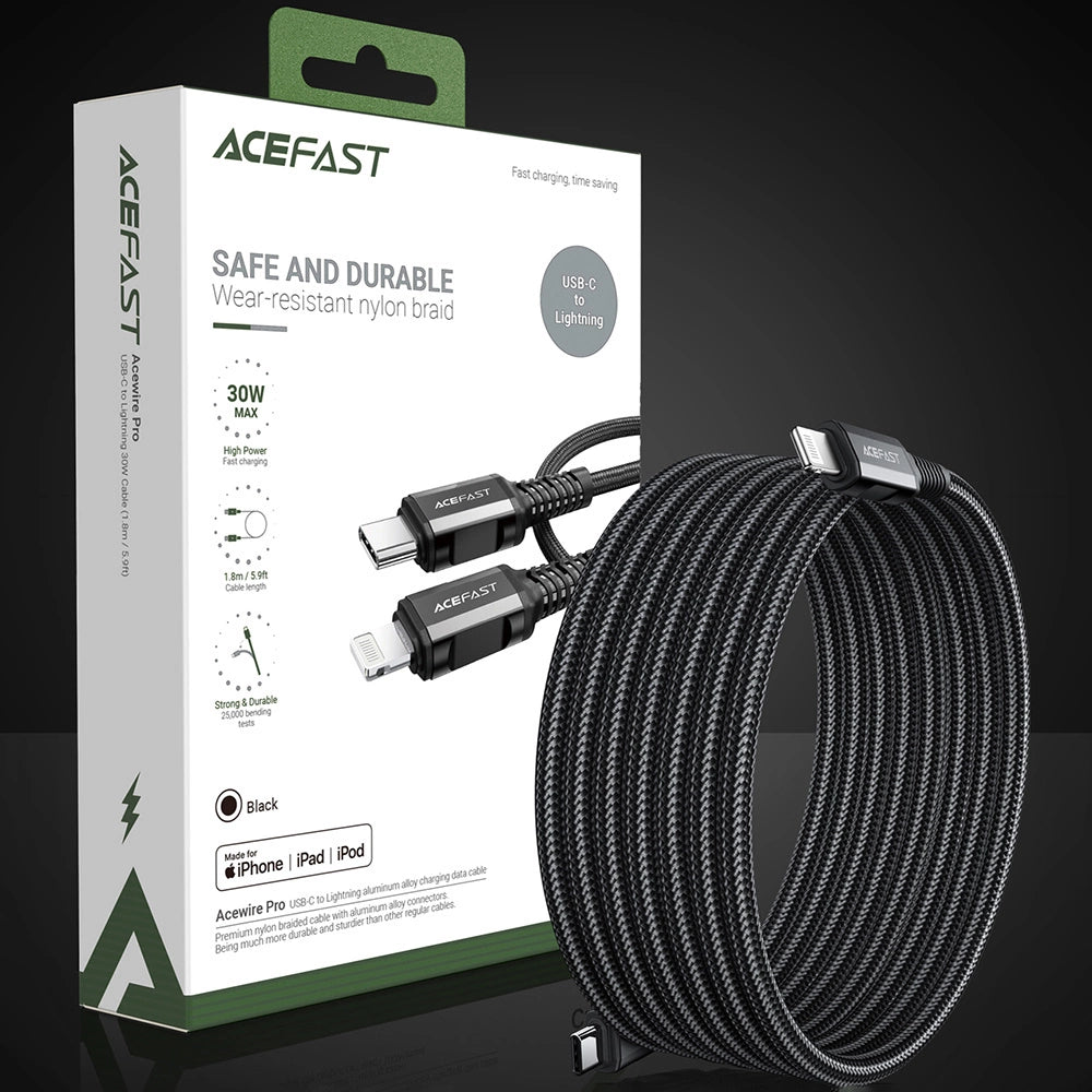 Acefast C4-01 Lightning - USB-C PD-kabel 30W 3A 480Mb/s 1,8m - sort
