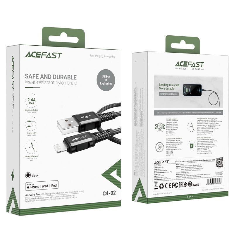 Acefast MFI USB - Lightning kabel 1,8 m, 2,4 A sort (C4-02 A sort)