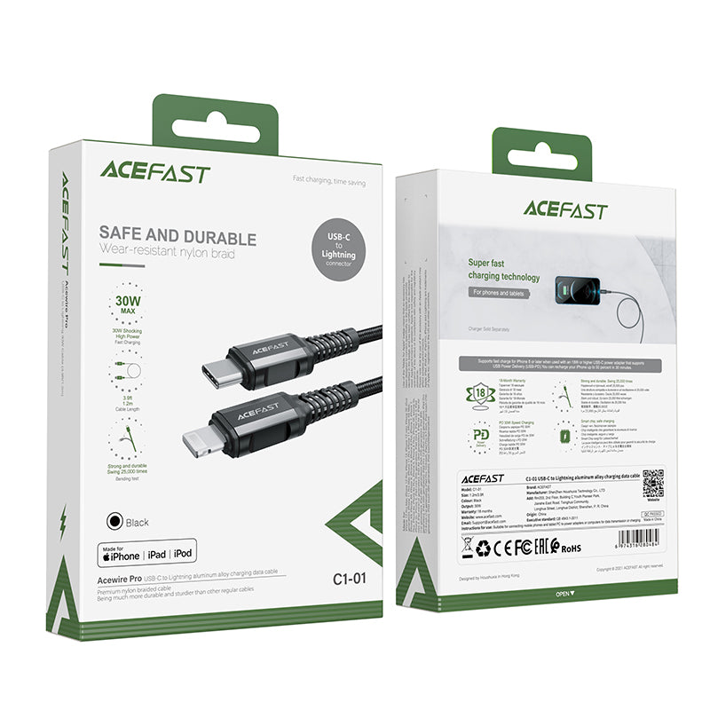 Acefast C1-01 Lightning - USB-C MFi PD cable 30W 3A 480Mb/s 1.2m - black