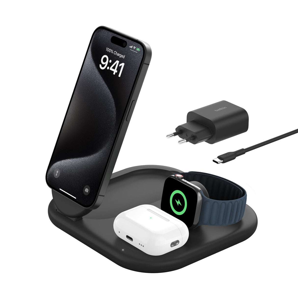 Belkin BoostCharge Hovedtelefoner, Smartphone, SmartWatch Sort USB Trådløs opladning Hurtig opladning Indendørs