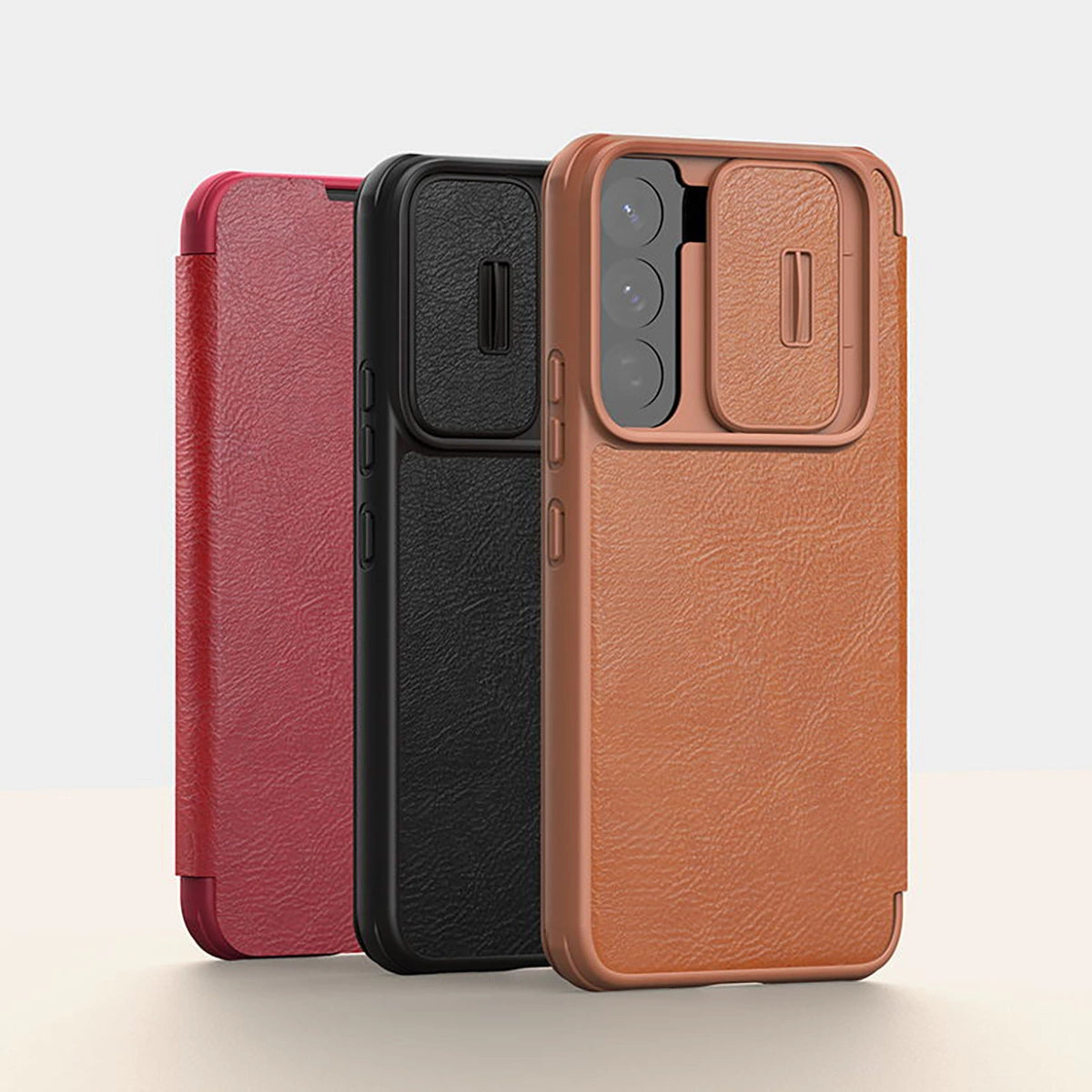 Nillkin Qin læder Pro Case Case til Samsung Galaxy S22+ (S22 Plus) Kamera beskytter Holster Cover Flip Case Brown