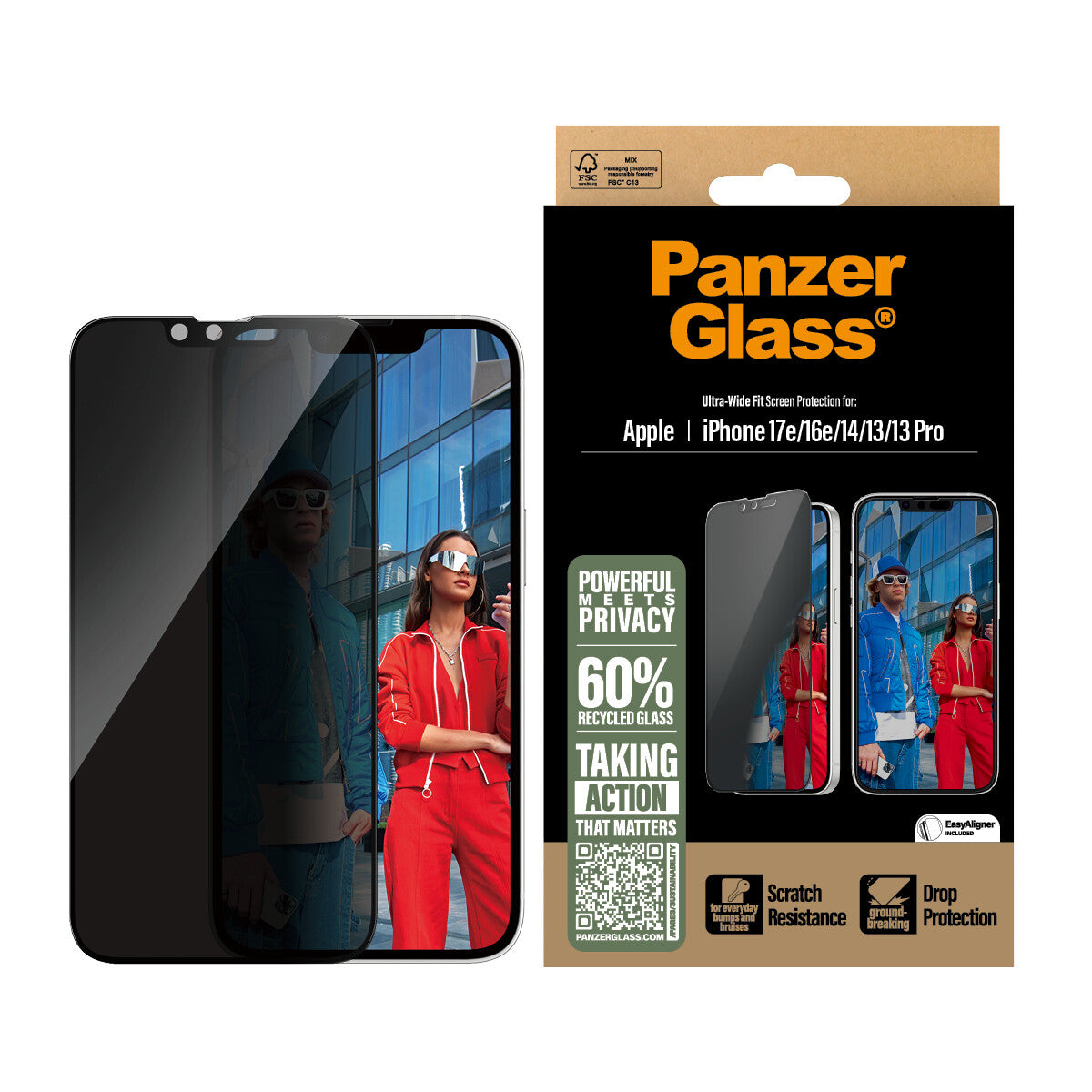 PanzerGlass ® 2-Way Privacy Skærmbeskyttelse iPhone 17e | 16e | 14 | 13 | 13 Pro | Ultra-Wide Fit m. Aligner
