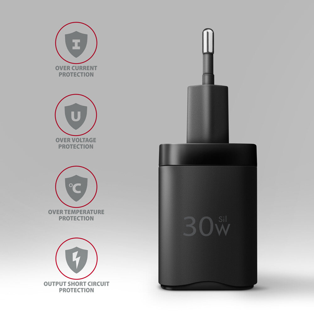 Axagon ACU-PQ30 Ladegerät QC3.0, 4.0/AFC/FCP/PPS/Apple+ PD USB-C, 30W - schwarz - Kompaktes Ladegerät - 1x USB-C und 1x USB-A Mobiltelefon, Smartphone, SmartWatch, Tablet, Universel Sort Vekselstrøm Hurtig opladning Indendørs