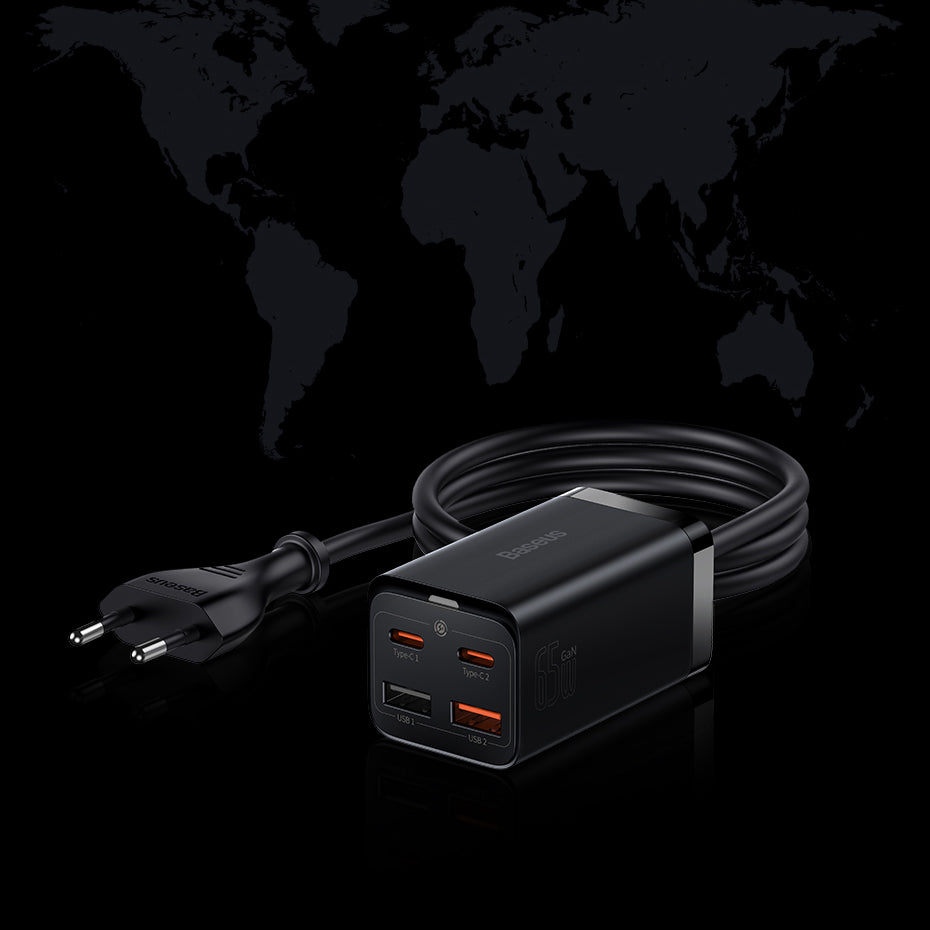 Baseus GaN3 Pro fast charger GaN 2 x USB Type C / 2 x USB 65W PD, QC4.0+, AFC, PPS + cable USB Type C - USB Type C 1m black (CCGP040101)