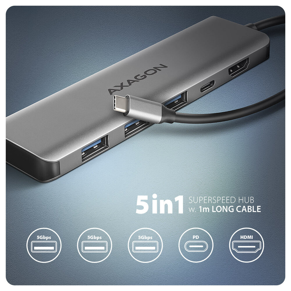 Axagon HMC-5H USB-C 3.2 Gen 1 hub 3x USB-A 4K HDMI PD 100W - Silber Ledningsført USB 3.2 Gen 1 (3.1 Gen 1) Type-C Sølv
