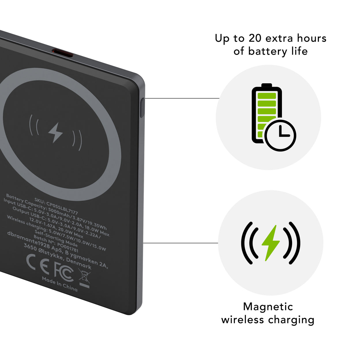 dbramante1928 CP05SLBL7177 powerbank 5000 mAh Trådløs opladning Grå
