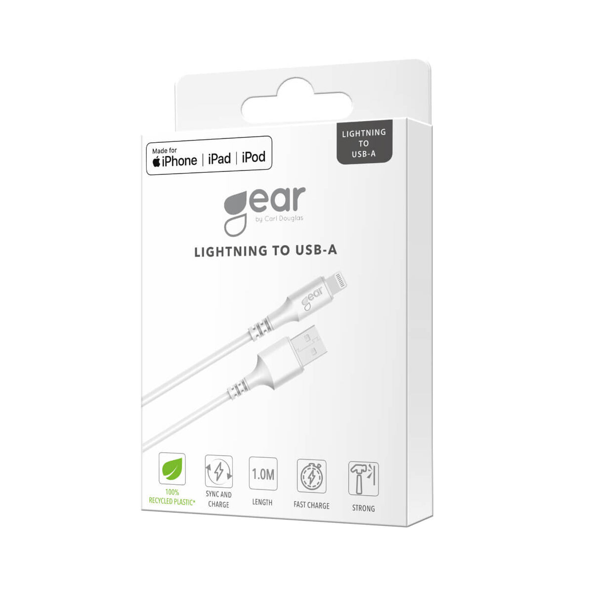 Gear Rundt ladekabel Lightning til USB-A 1m Hvid MFI
