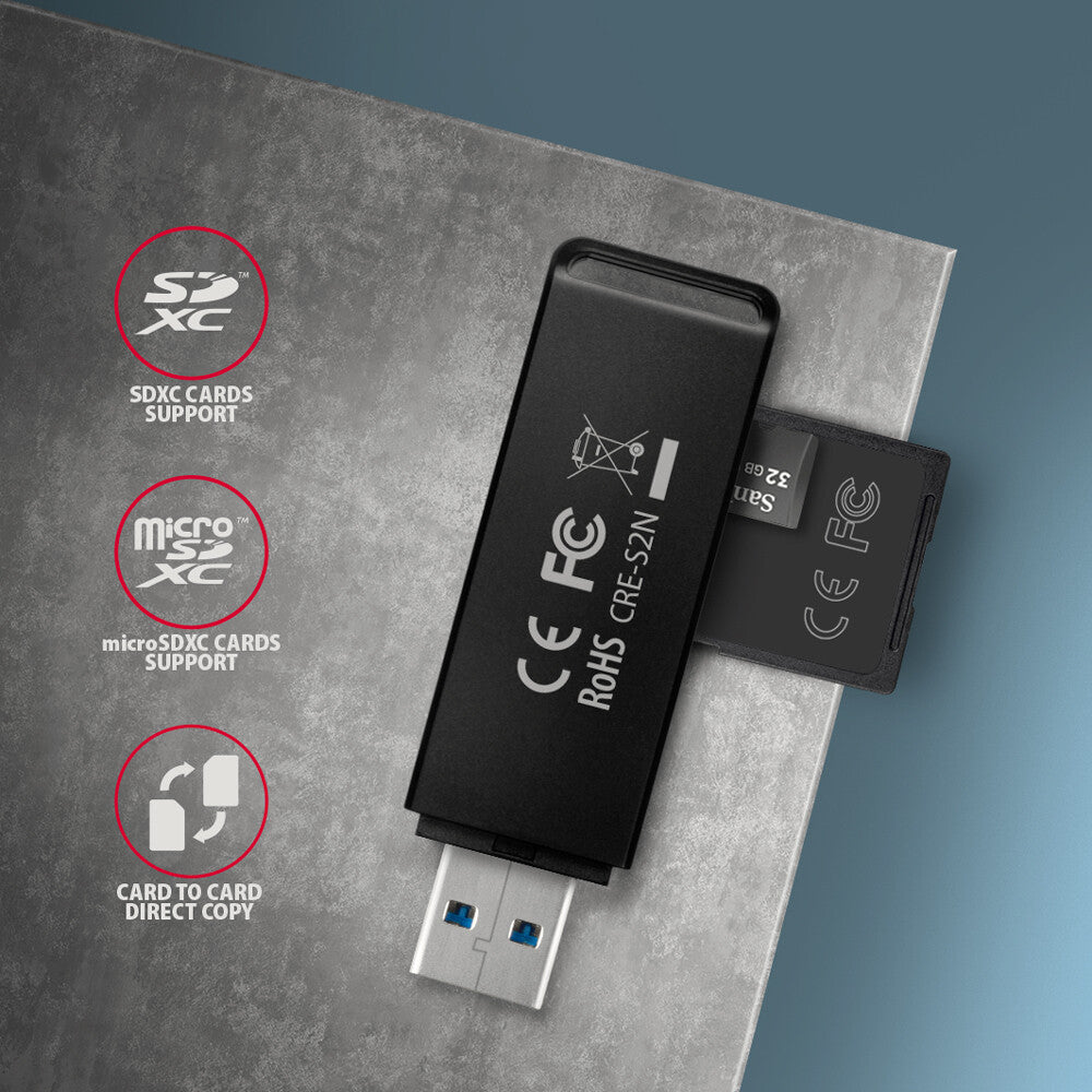 Axagon CRE-S2N kortlæser USB 3.2 Gen 1 (3.1 Gen 1) Type-A Sort