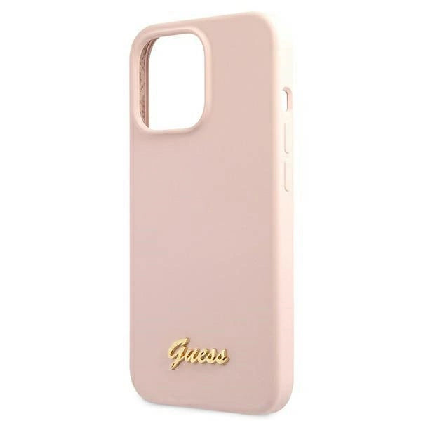 Guess GUHMP13XLSLMGLP iPhone 13 Pro Max 6.7" light pink/light pink hardcase Silicone Script Gold Logo Magsafe