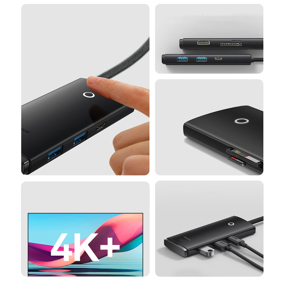Baseus Lite Series multifunktionel USB Type C HUB - 2 x USB 3.0 / USB Type C / HDMI 1.4 / SD/TF OTG sort (WKQX050001)