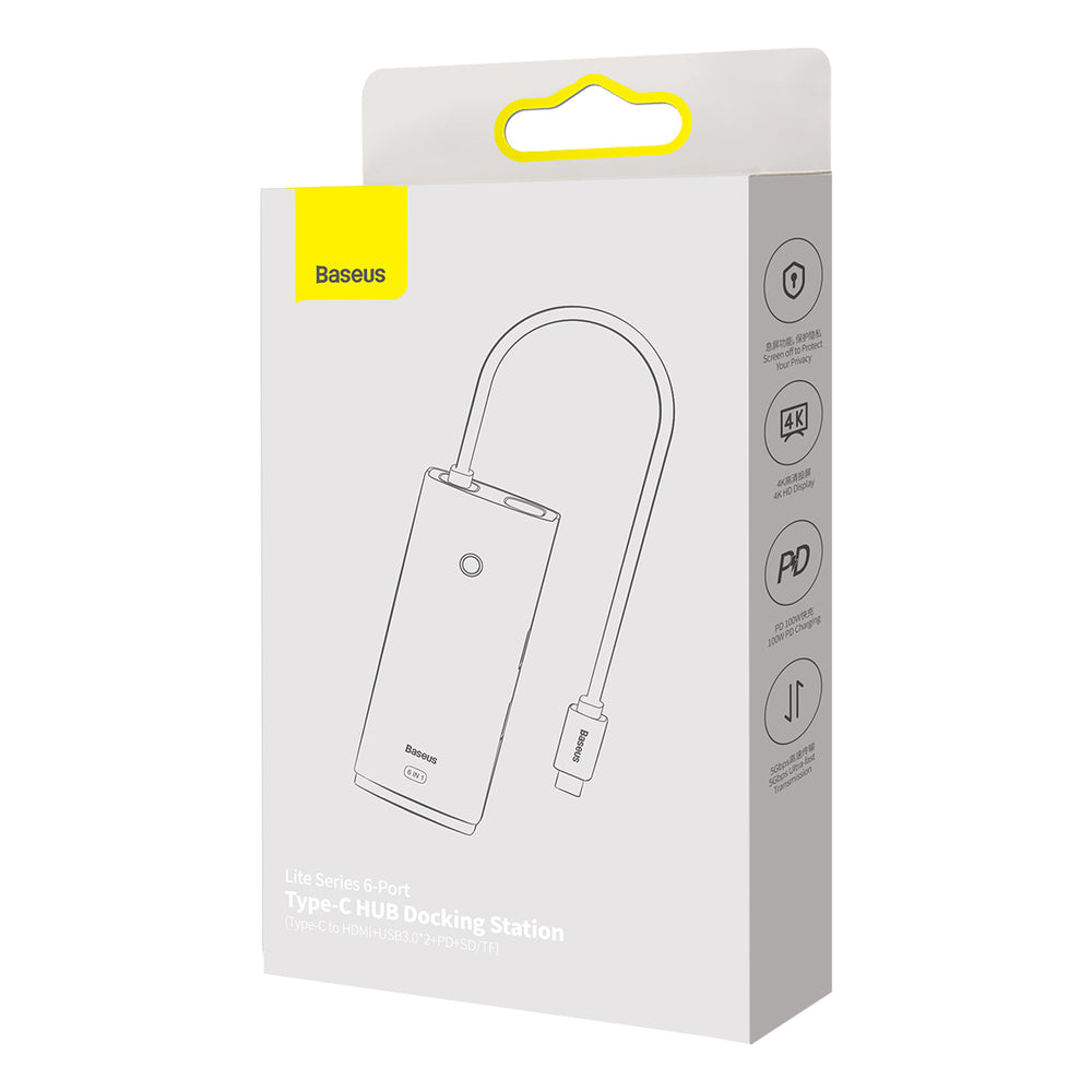 Baseus Lite Series multifunktionelle HUB USB Type C - 2 x USB 3.0 / USB Type C PD / HDMI 1,4 / SD / TF hvid (WKQX050102)
