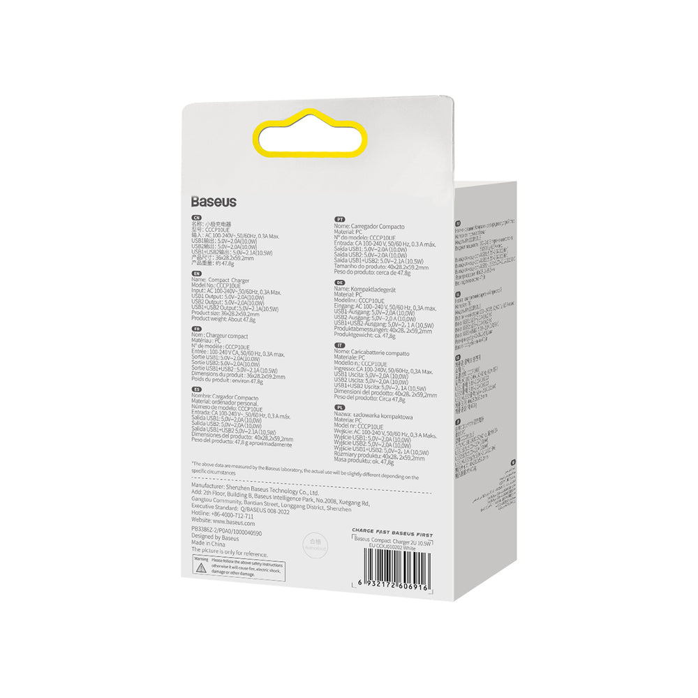 Baseus Kompakt oplader 2x USB 10.5W hvid (CCXJ010202)