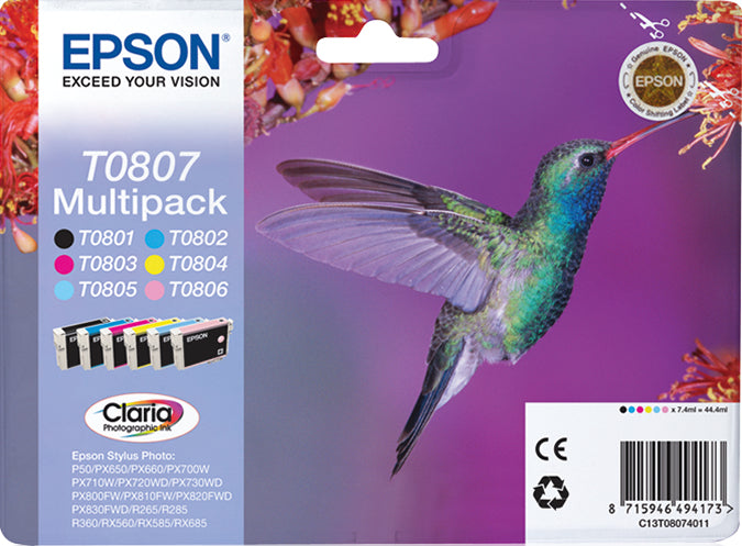 Epson Hummingbird T0807 blækpatron 1 stk Original Sort, Blå, Lys cyan, Lys magenta, Magenta, Gul