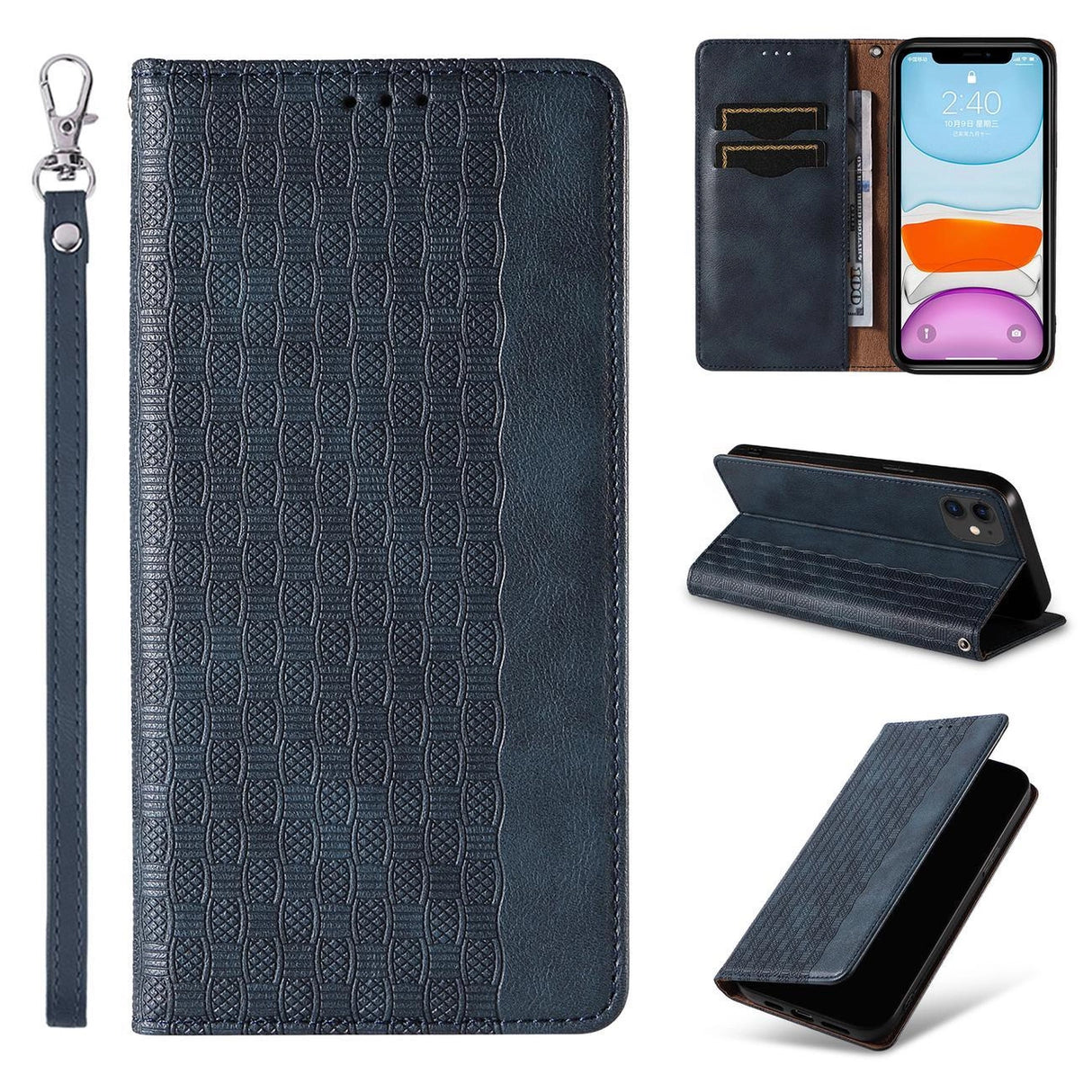 Magnet Strap Case for iPhone 12 Pouch Wallet + Mini Lanyard Pendant Blå