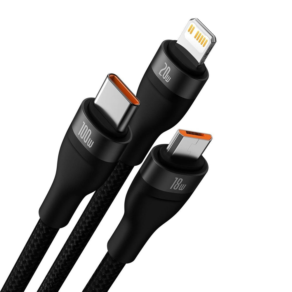 Baseus Flash Series II USB Type C / USB Type A kabel - USB Type C / Lightning / micro USB 100 W 1,2 m sort (CASS030101)