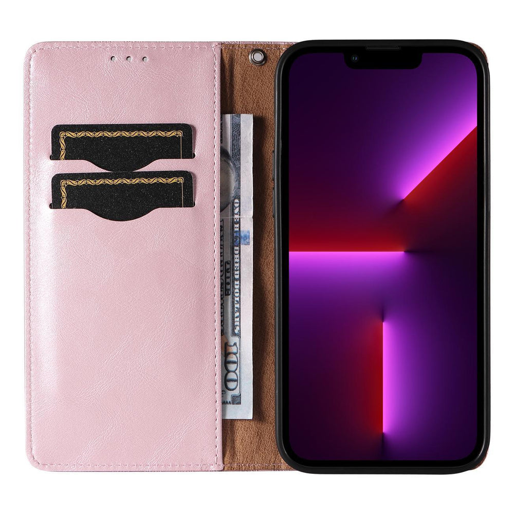 Magnet Strap Case Case for iPhone 14 Pro Max Flip Wallet Mini Lanyard Stand Pink
